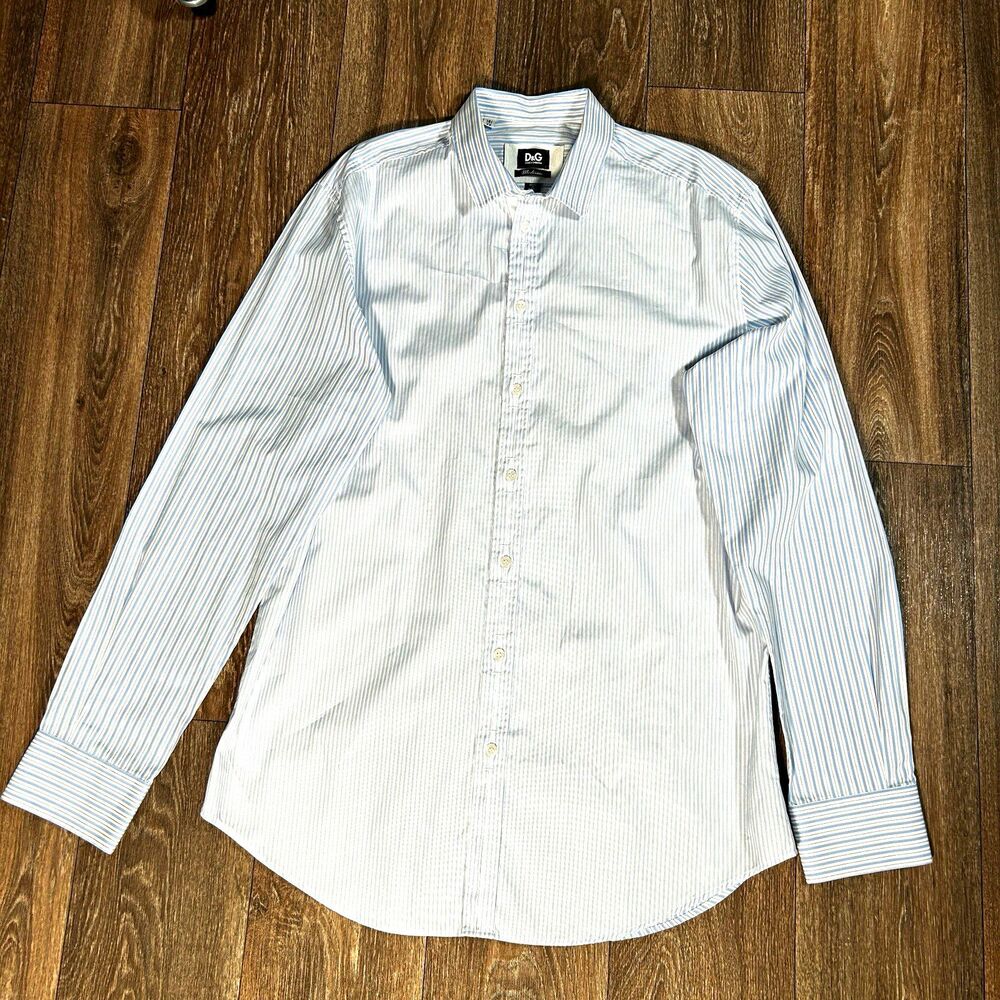 VTG D&G Men’s White/Blue Striped Cotton Slim Dress Shirt 16.5 42 Point Collar